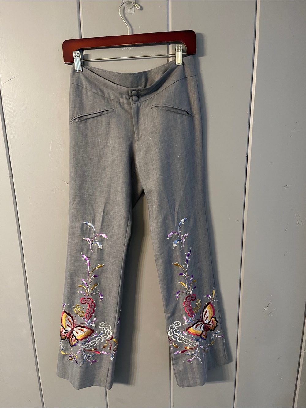 MDL Mandalay Pant Embroidered Gray Floral Butterfly Vintage Boho Artsy Festival